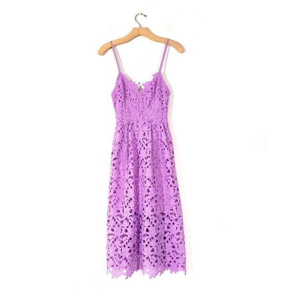 NEW ASTR Sheer Lace V Neck A Line Fit and Flare Midi Dress Orchid Purple XS - Picture 3 of 13
